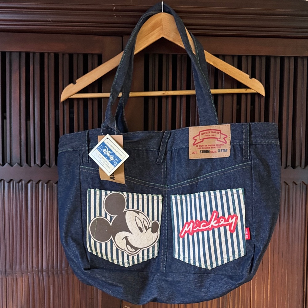 Disney Mickey Denim Duffel Bag - Navy Blue with Striped Pockets